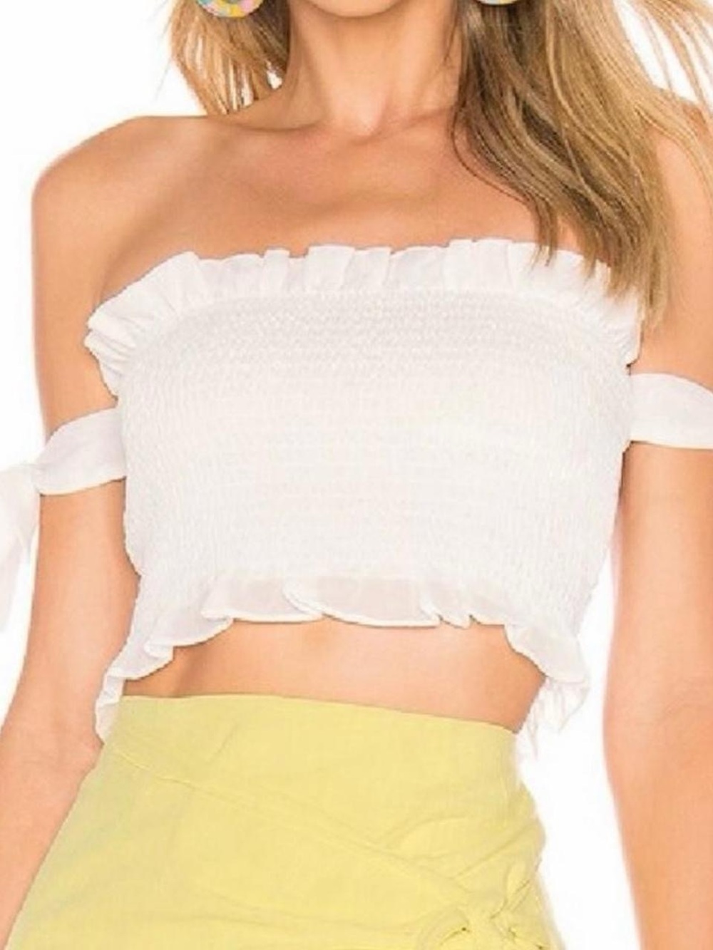 superdown White Off-Shoulder Smocked Ruffle Crop Top